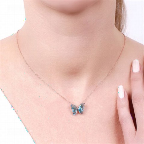 Blue Stone Butterfly Model Silver Necklace 100346949
