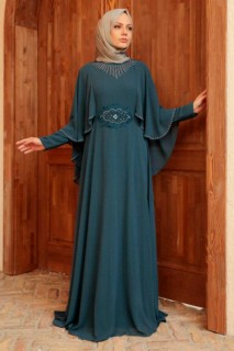 Evening & Party Dresses - Pertol Blue Hijab Evening Dress 100339586 - Turkey