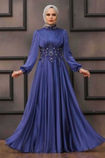 Woman Clothing - İndigo Blue Hijab Evening Dress 100336693 - Turkey