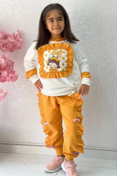 Girl Duck Printed Ruffle Detailed Hooded Yellow Tracksuit Suit 100330971