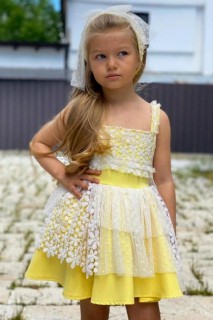Kids - Girl Daisy Lace Embroidered Polka Dot Tulle Yellow Dress 100327218 - Turkey
