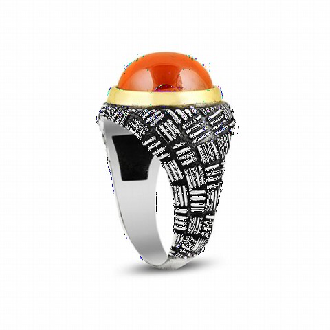 Onyx Stone Rings - Round Red Color Onyx Stone Sterling Silver Men's Ring 100349318 - Turkey