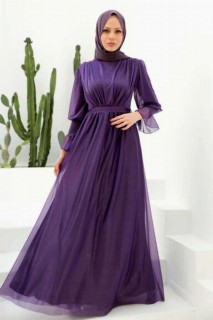 Evening & Party Dresses - Purple Hijab Evening Dress 100339523 - Turkey