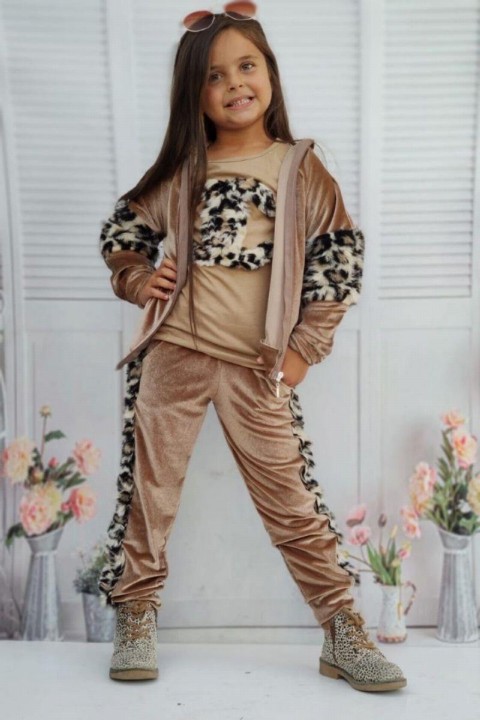 Kids - Girl Leopard Patterned Plush Velvet Brown Tracksuit Set 100326851 - Turkey