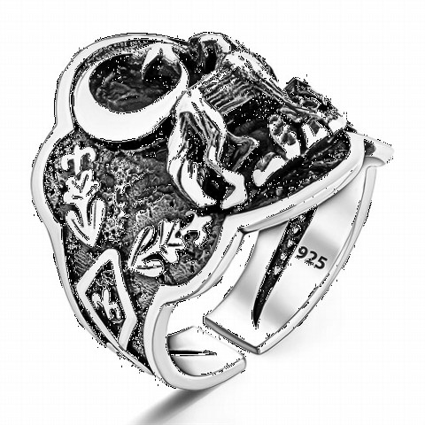 Special Engraved Moon Star Gray Wolf Patterned Silver Men's Ring 100348727