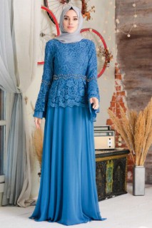 Evening & Party Dresses - İndigo Blue Hijab Evening Dress 100335213 - Turkey