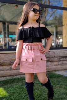 Kids - For Girls' Buttoned Madonna Collar Blouse With Belt Pink Skirt Suit 100328228 - Turkey