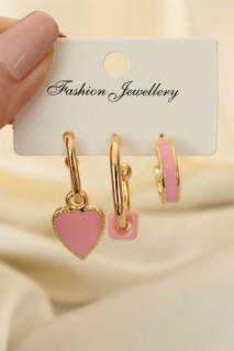 jewelry - Pink Enamel Heart Pattern Earring Set 100319860 - Turkey