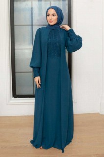 Wedding & Evening - Petrol Blue Hijab Evening Dress 100341245 - Turkey