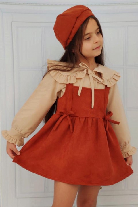 Girl's Collar and Sleeves Ruffled Lycra Shirt and Hat Velvet Tile Dress 100327399