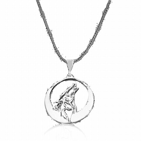 Howling Wolf in a Crescent Silver Necklace 100348306