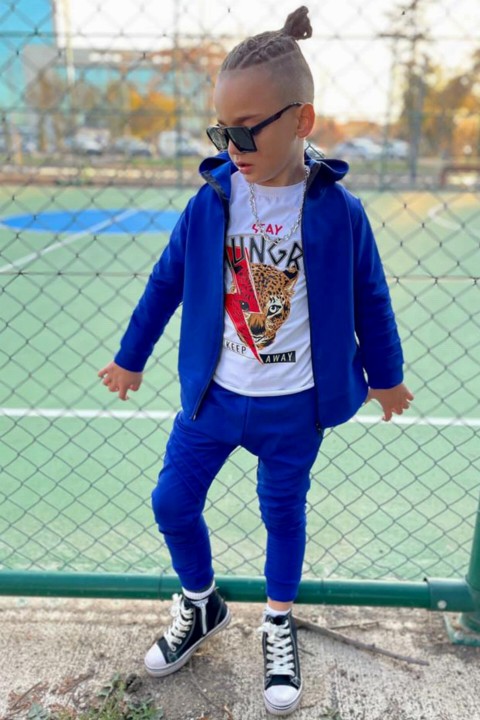 Tracksuit Set - Boy's Hungry Tiger Printed Hooded and Double Pocketed 3-piece Sax Blue Tracksuit Suit 100328430 - Turkey