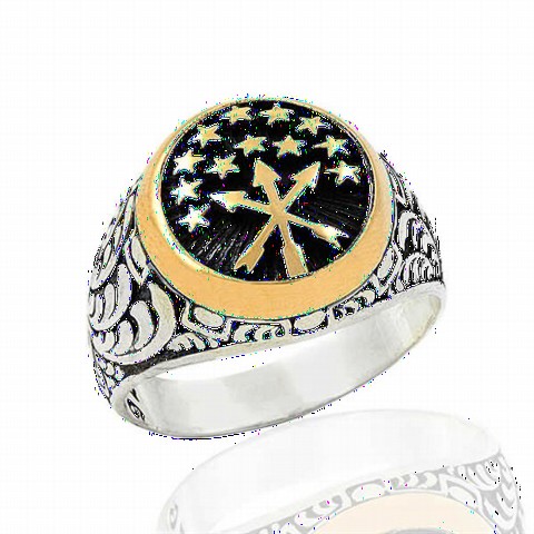 Circassian Flag Symbol on Black Background with Motif Sterling Silver Men's Ring 100348774