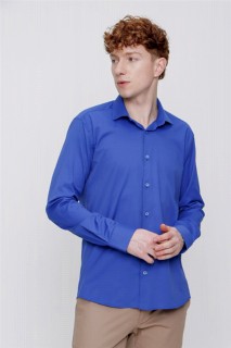 Top Wear - قميص ليكرا ساتان ليكرا من الساتان بمقاس نحيف وأزرق سادة من أزرق للرجال 100350746 - Turkey