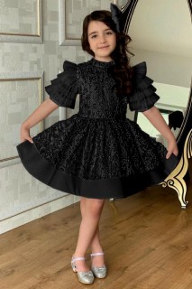Evening Dress - Girl's Sleeve Layered Tulle and Silvery Floral Embroidered Black Evening Dress 100328222 - Turkey
