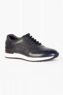 Shoes - Men's Navy Blue Casual Lace-Up Patterned Leather Shoes 100351209 - Turkey