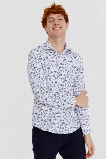 Men's White Cotton Slim Fit Slim Fit Jacquard Patterned Italian Collar Long Sleeve Shirt 100350610