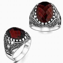 Dark Red Zircon Stone Eagle Motif Sterling Silver Ring 100348145