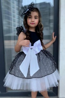 Girl's Waist Ribbon Skirt Fluffy Tulle and Ruffled Sleeves Black and White Evening Dress 100327613