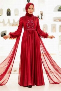 Wedding & Evening - Claret Red Hijab Evening Dress 100339299 - Turkey