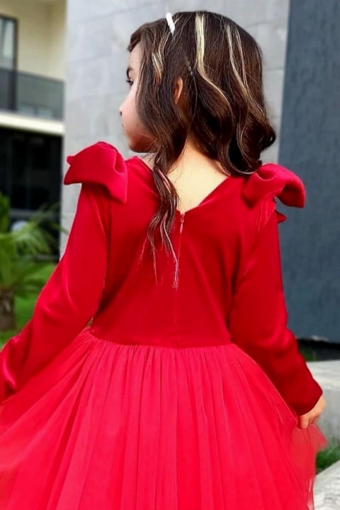 Girl's Pearl Crowned Bow Detailed Red Velvet Evening Dress 100327083