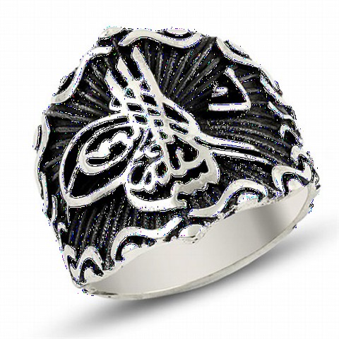 Ottoman Tugra Black Ground Silver Men's Ring 100348466