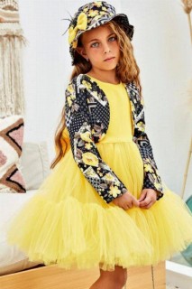 Girl Clothing - فستان سهرة أصفر بناتي من التول المنفوش بوليرو زهري 100326988 - Turkey