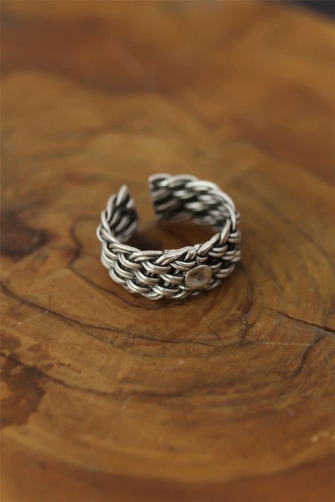 Silver Rings 925 - Knit Pattern Metal Adjustable Men's Ring 100319527 - Turkey