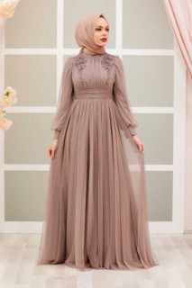 Clothes - Mink Hijab Evening Dress 100337505 - Turkey