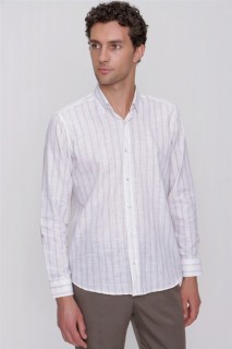 Shirt - Men's Brown Linen Long Sleeve Regular Fit Comfy Cut Shirt 100351396 - Turkey