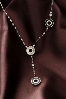 Necklaces - Steel Silver Color Zircon Stone Enamel Oval Necklace 100319823 - Turkey
