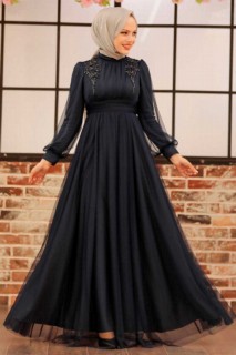 Navy Blue Hijab Evening Dress 100339084