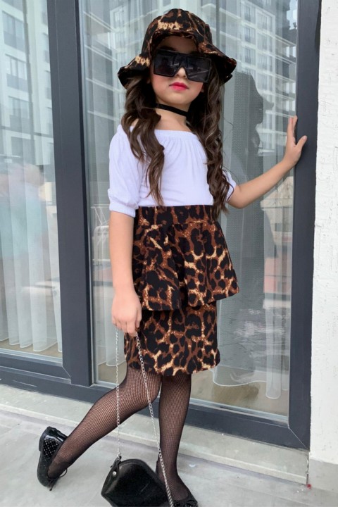 Girl Boat Collar Blouse and Hat Leopard Skirt Suit 100327415