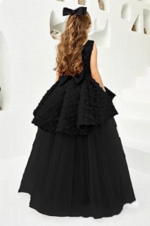 Girl's V-Neck and Zero Sleeve Flower Embroidered Black Evening Dress 100328286