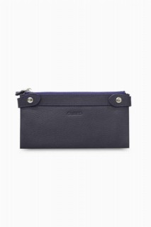 Hand Portfolio - Navy Blue Double Zippered Leather Women's Wallet with Phone Compartment 100346220 - Turkey
