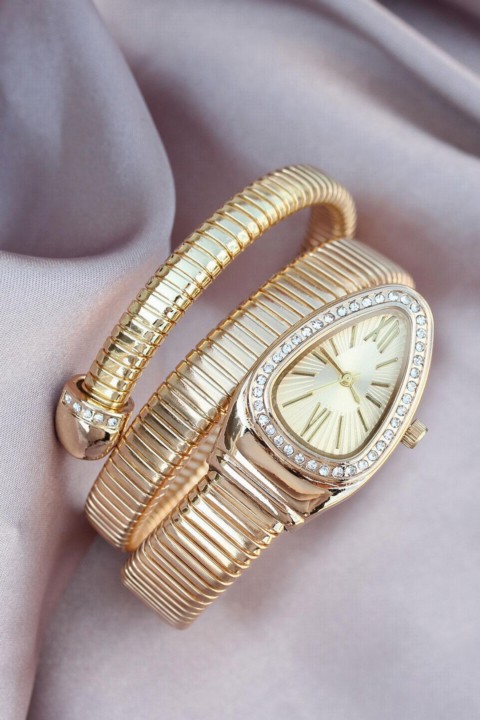 Watchs - New Season Roman Numeral Gold Color Stone Snake Model Women's Watch 100326501 - Turkey