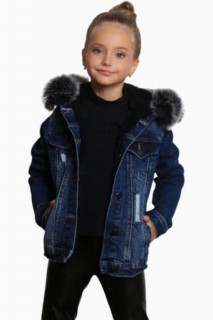 Girls' Hooded Pull-Out Gray Fur Denim Coat 100328707