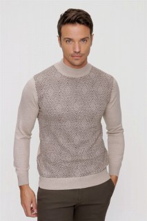 Men Clothing - Men's Beige Dynamic Fit Relaxed Cut Diamond Pattern Half Turtleneck Knitwear Sweater 100345113 - Turkey