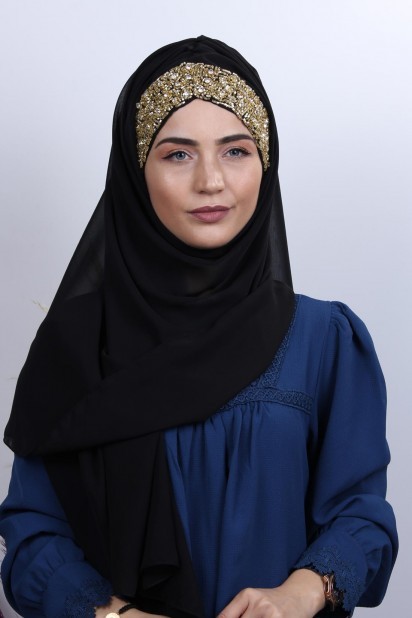 Woman Hijab & Scarf - Stone Design Bonnet Shawl Black Gold Stone 100282981 - Turkey