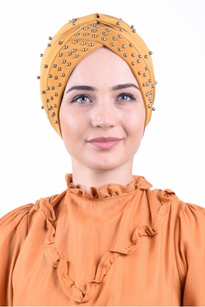 Woman Bonnet & Turban - کلاه استخر مروارید خردلی زرد - Turkey