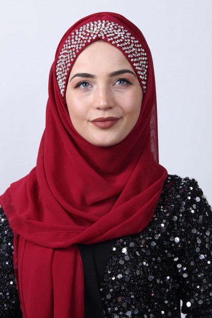 Woman Bonnet & Hijab - Stone Boneli Design Shawl Claret Red 100282957 - Turkey
