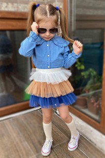 Kids - Girl's Collar Ruffled Pearl Button and Blue Tulle Skirt Suit 100328267 - Turkey