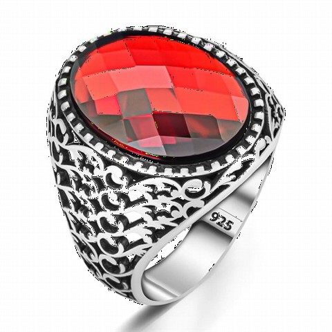 Men - Flower Motif Red Zircon Stone Sterling Silver Ring 100350386 - Turkey