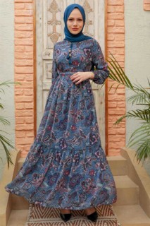 Clothes - İndigo Blue Hijab Dress 100338512 - Turkey