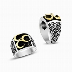 Moon Star Rings - خاتم رجالي من الفضة الإسترليني بغطاء بومبي ثلاثي بزخارف الهلال 100348793 - Turkey