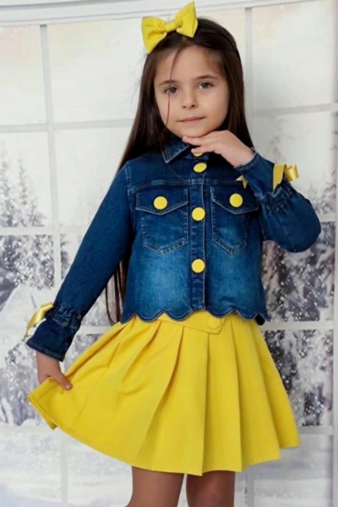 Boys' Pink Jean Jacket with Buttons and 4 Pieces Yellow Skirt Suit with Rope Straps 100327398