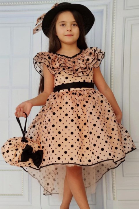 Girl's Waist, Striped Collar, Flared Bag and Hat Polka Dot Salmon Evening Dress 100327365