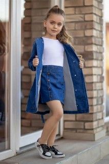 Girl's Trench Coat and Button Detailed Denim Blue 4-Skirt Suit 100328690