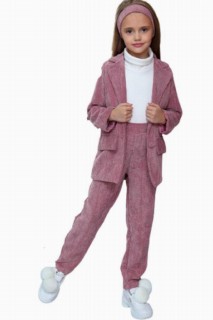 Outwear - Girl's Velvet Jacket, Turtleneck Bandana, Dried Rose Top and Bottom Set 100344686 - Turkey