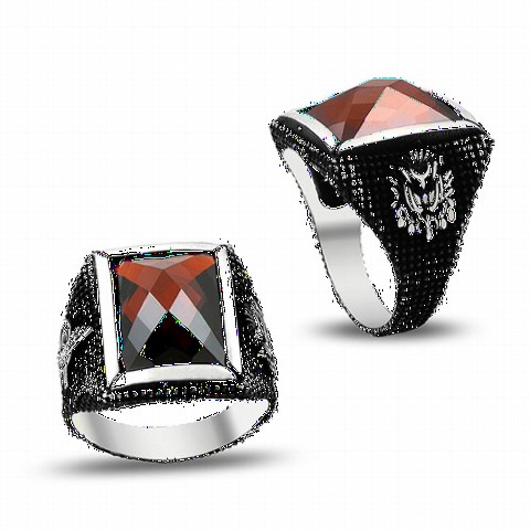 Black Background Red Square Zircon Stone Sterling Silver Men's Ring 100349298